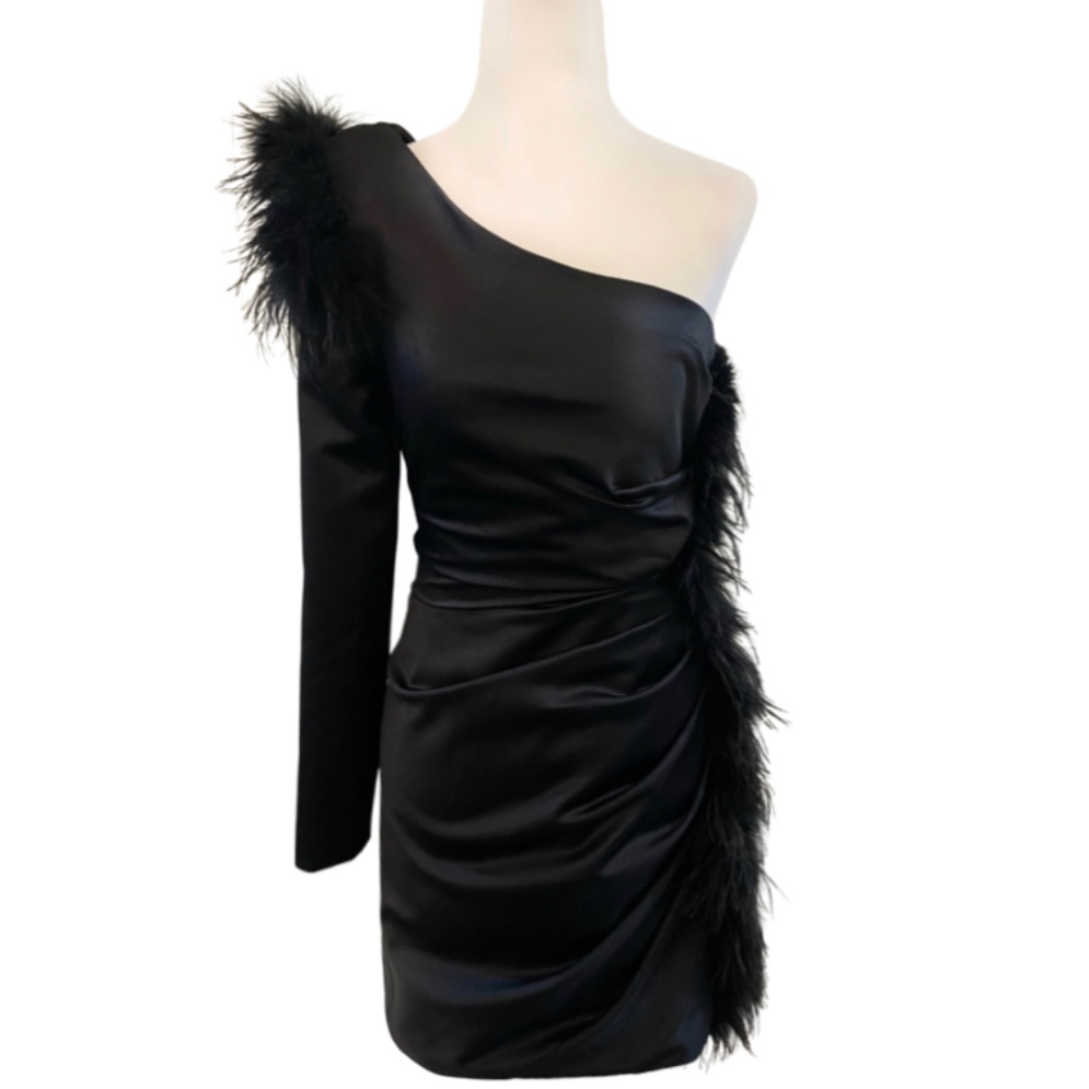 Misha Collection Black One-Shoulder Asymmetrical Feather-Trim Mini Dress